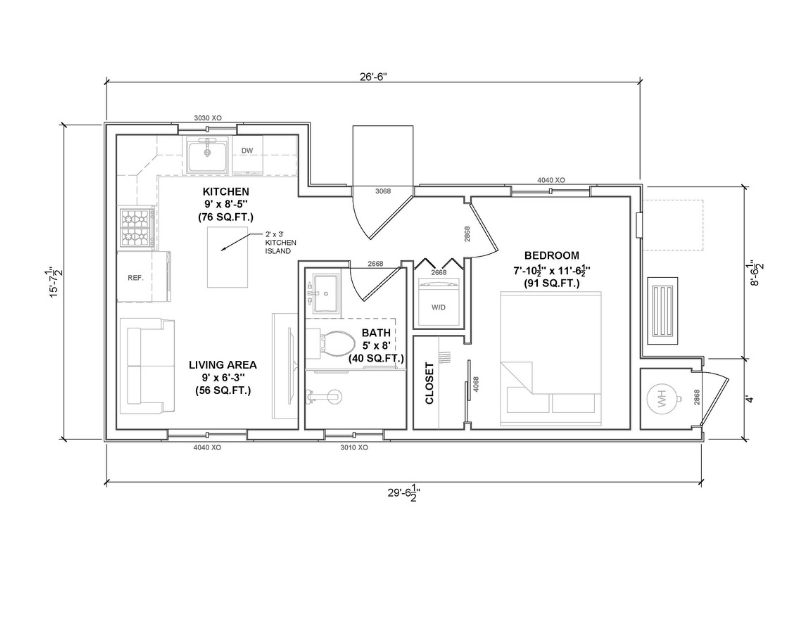 Floor plan of a one bedroom ADU.