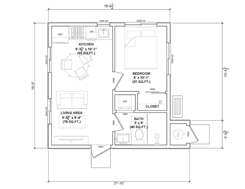 Floor plan of a one bedroom ADU.