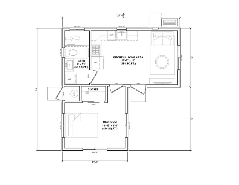 Floor plan of a one bedroom ADU.