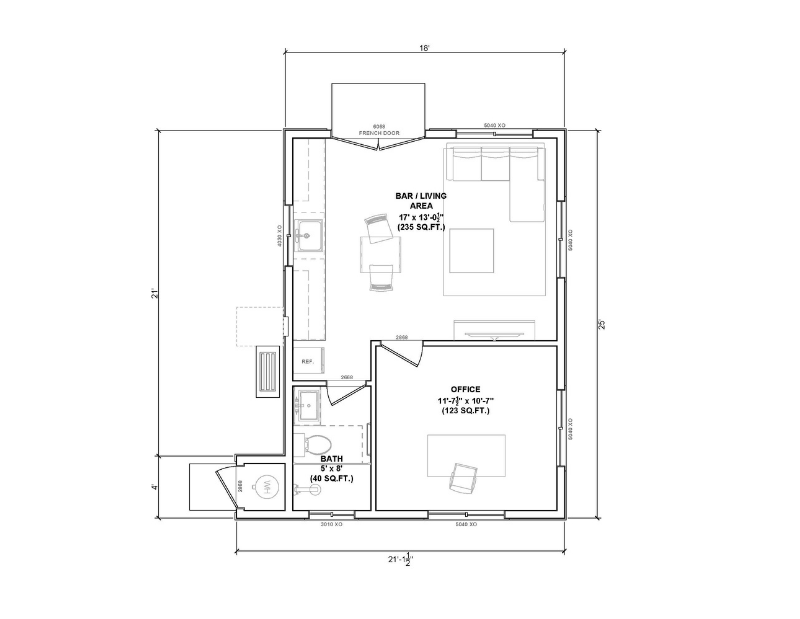 Floor plan of a one bedroom ADU.