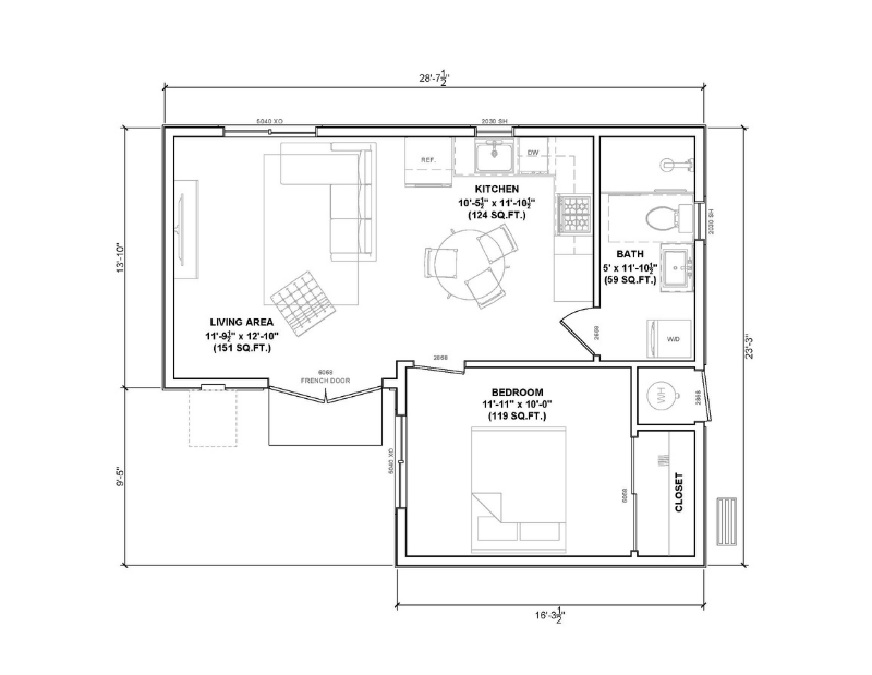 Floor plan of a one bedroom ADU.