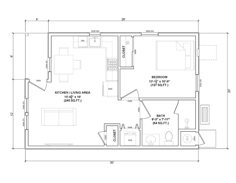 Floor plan of a one bedroom ADU.