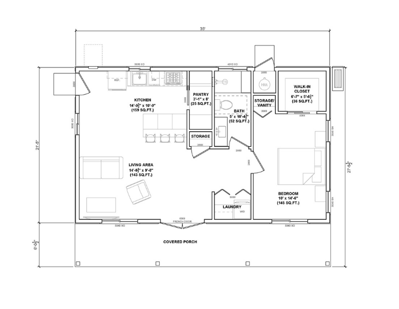 Floor plan of a one bedroom ADU.