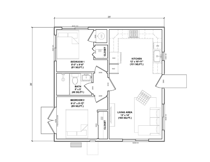 Floor plan of a two bedroom ADU.