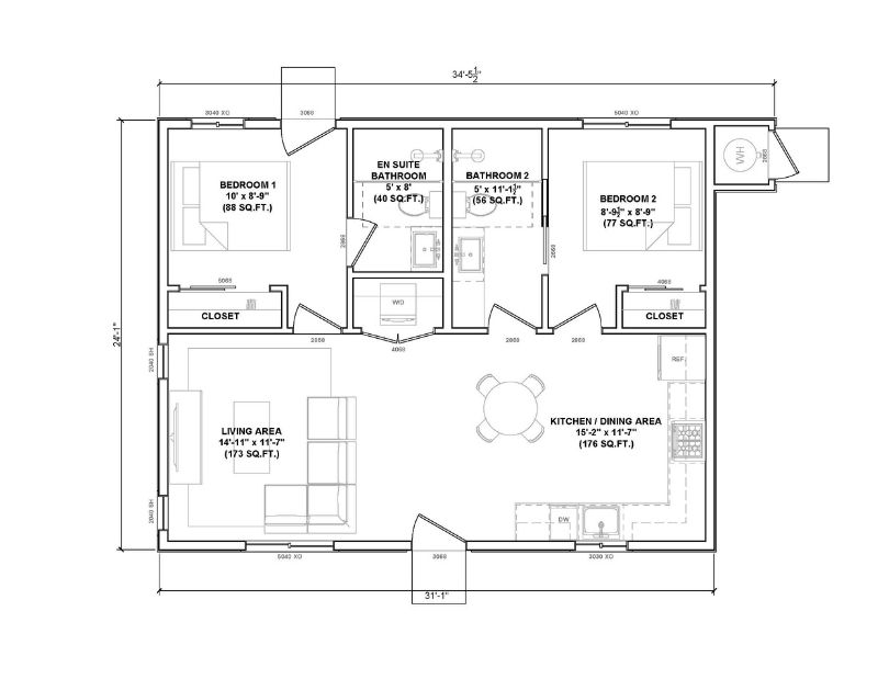 Floor plan of a two bedroom ADU.