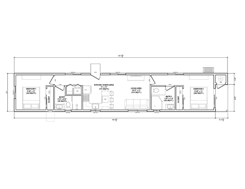 Floor plan of a two bedroom ADU.