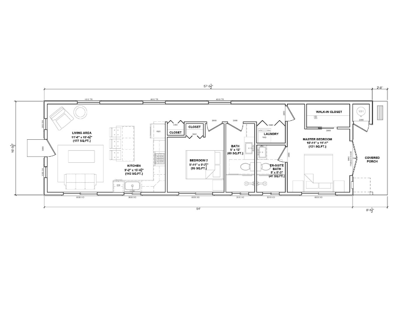 Floor plan of a two bedroom ADU.