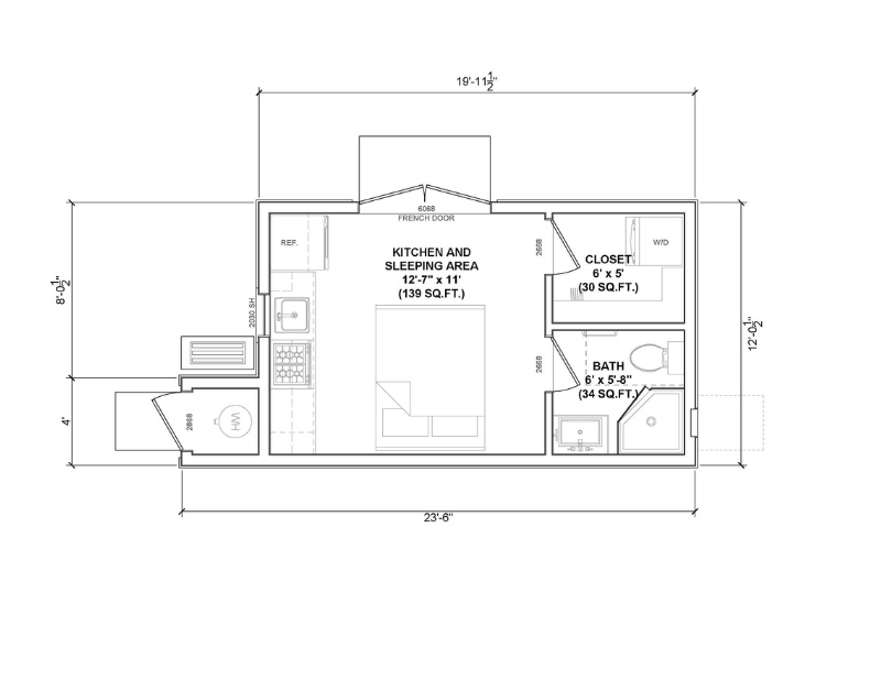 Floor plan of a studio ADU.